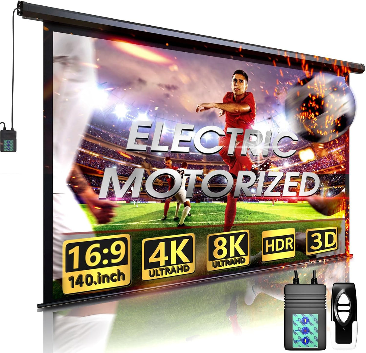 Mustang 140" Motorized Projector Screen - Indoor and Outdoor Movies Screen 140 inch Electric 16:9 Projector Screen W/Remote Control
