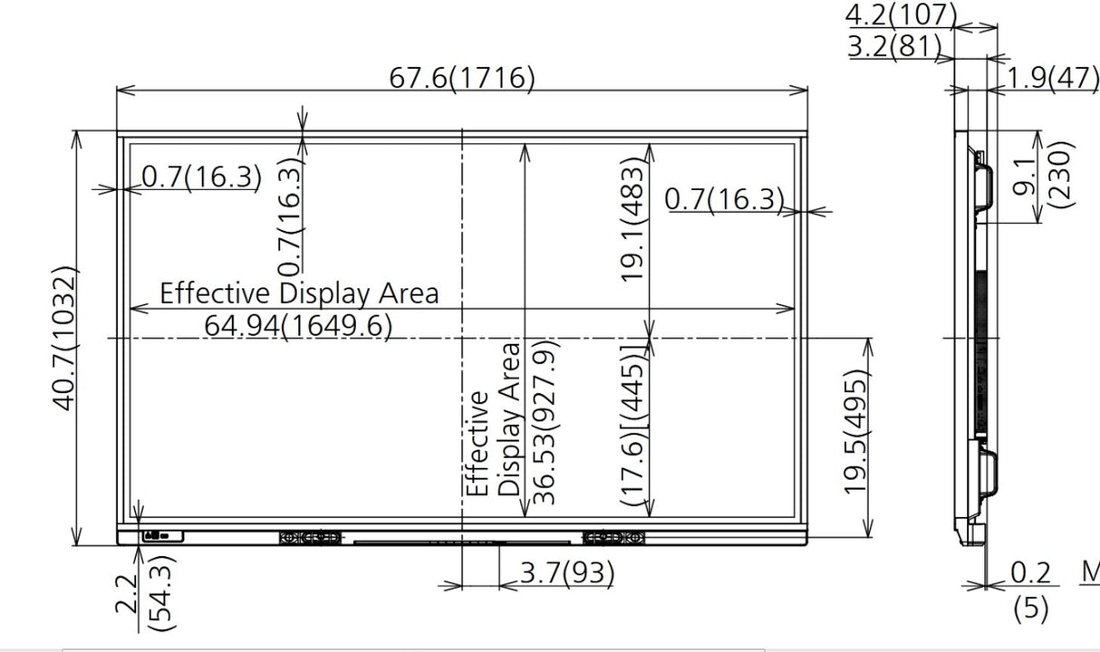 Panasonic TH-75BQ1W 75 inch Class 4K UHD Touch Screen LCD Display front dimensions