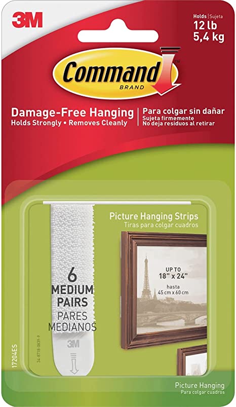 3M Command 17204Es Hanging Strips,Med. Picture,Holds 3Lbs,6 Set Pk, We