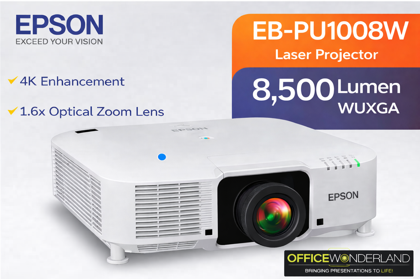 Epson  EB-PU1008W V11HA33920 LCD WUXGA Laser Projector 8500 Lumens 4K (White)