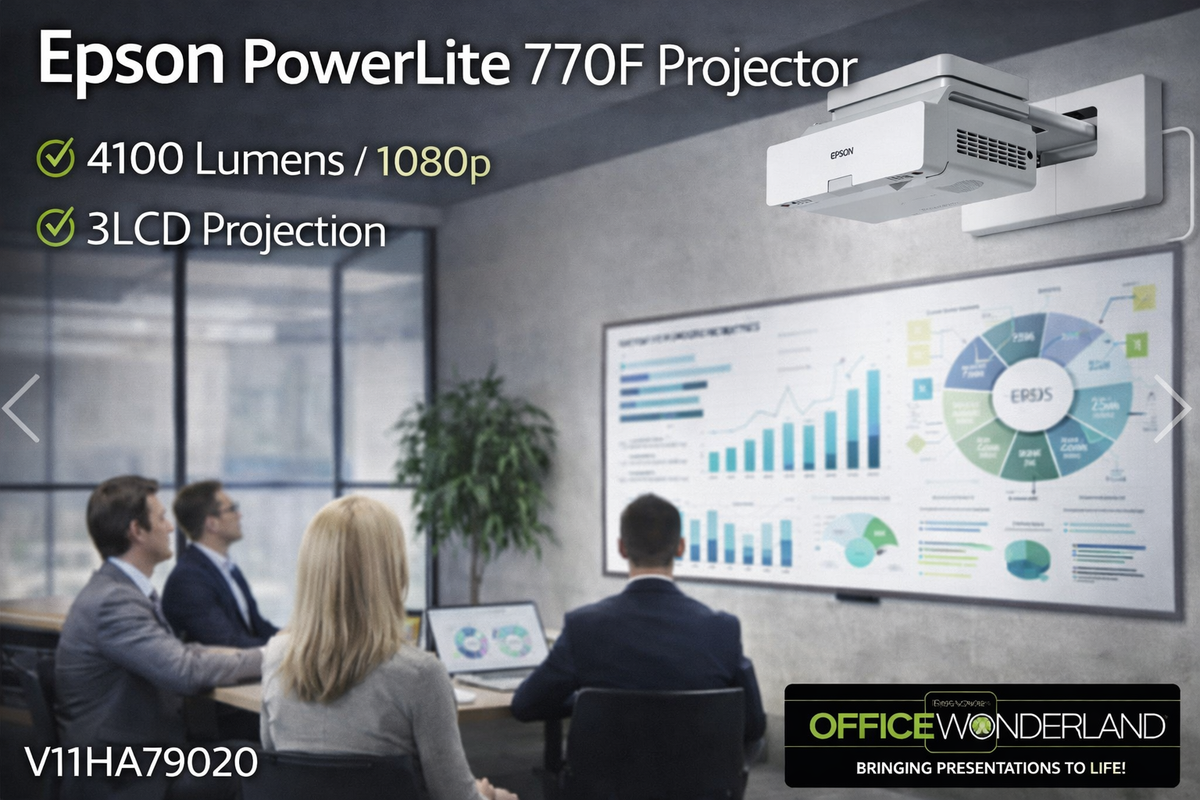 Epson PowerLite 770F Projector in use during a presentation in an office setting.