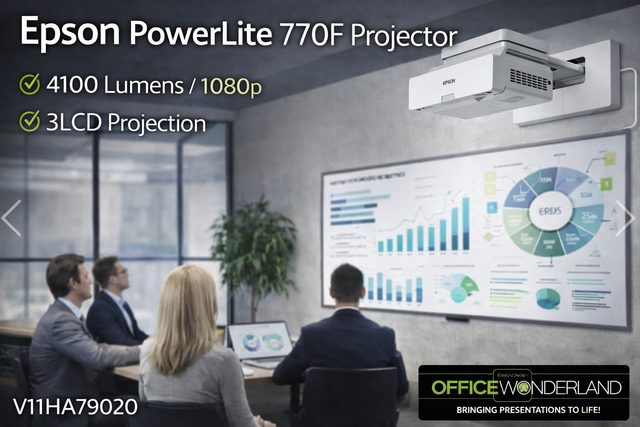 Epson PowerLite 770F Projector in use during a presentation in an office setting.