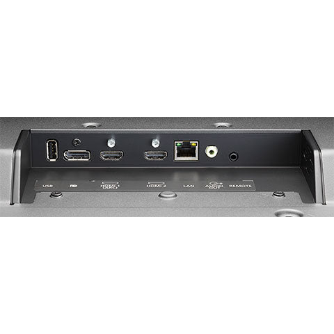 Port view of Sharp PN-MK552 55-inch commercial display showing HDMI, DisplayPort, USB, and control interface connections
