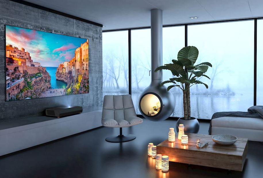 Optoma CinemaX Pro 4K Ultra-Short Throw Projector shown in uses