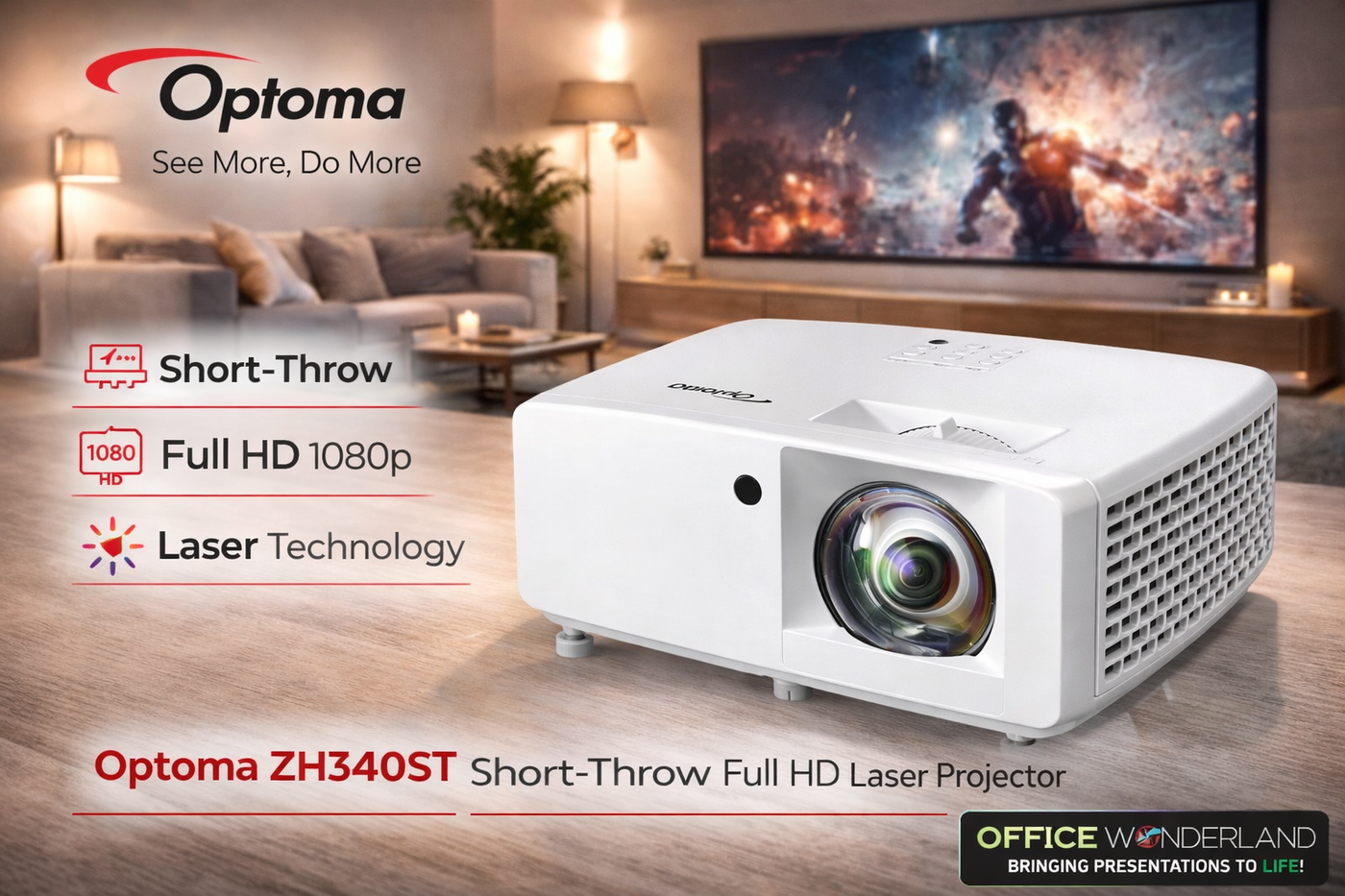 Optoma ZH340ST Short Throw Laser Projector 3600 Lumens 1080p | Authorized Dealer