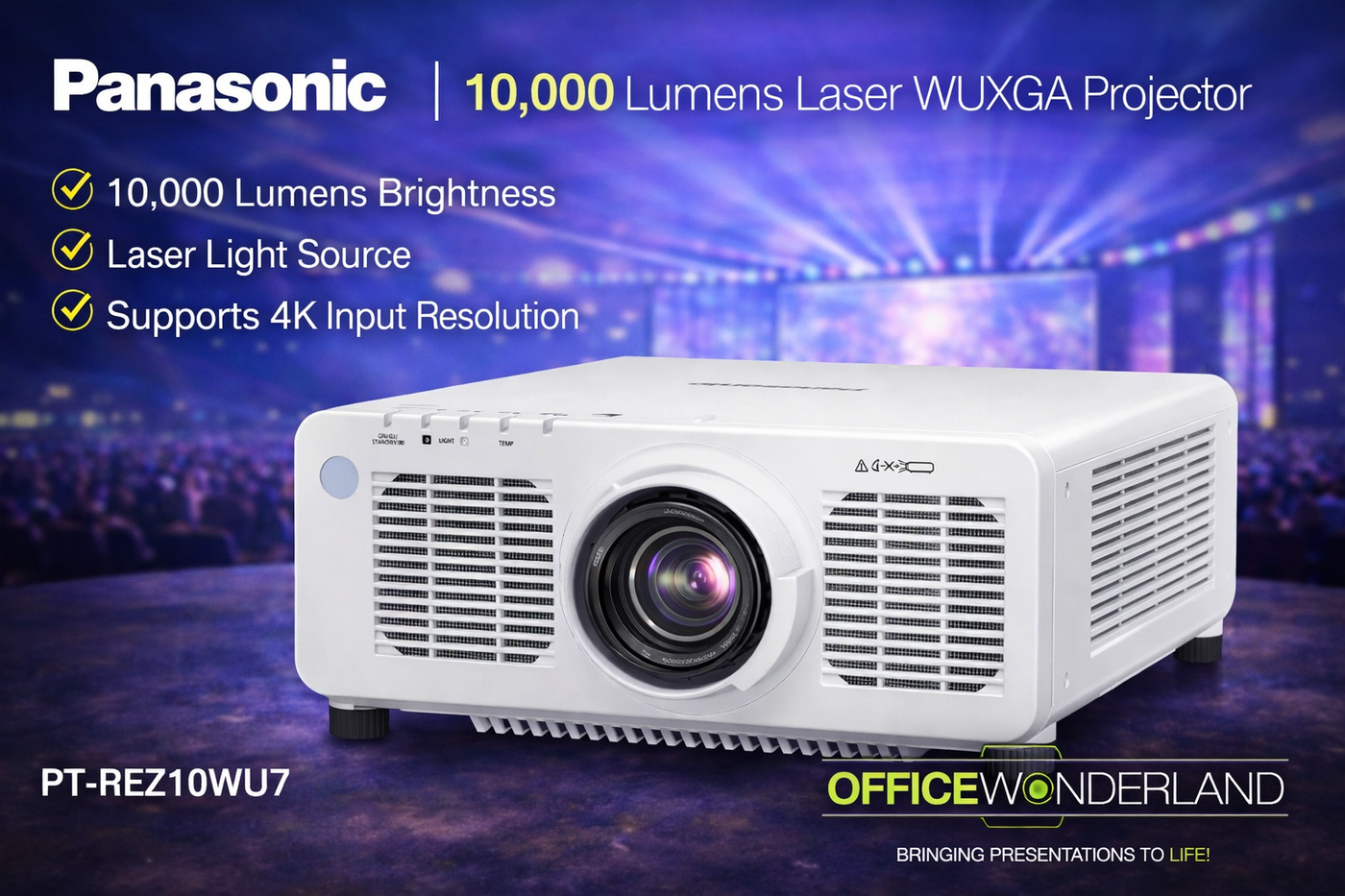 Panasonic PT-REZ10WU7 10,000 Lumens, Laser, WUXGA Resolution (1,920 x 1,200), DLP Projector, Filter-Free, White