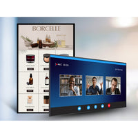 Planar Systems URP752 UltraRes P Series 75" UHD 4K HDR Commercial Monitor Digital display with Borcelle product advertisement and video call interface.