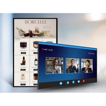 Planar Systems URP752 UltraRes P Series 75" UHD 4K HDR Commercial Monitor Digital display with Borcelle product advertisement and video call interface.