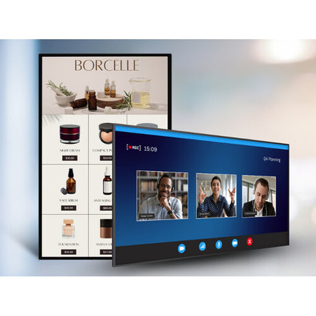 Planar Systems URP752 UltraRes P Series 75" UHD 4K HDR Commercial Monitor Digital display with Borcelle product advertisement and video call interface.