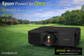 Epson PowerLite L895E laser projector on a golf course with promotional text.