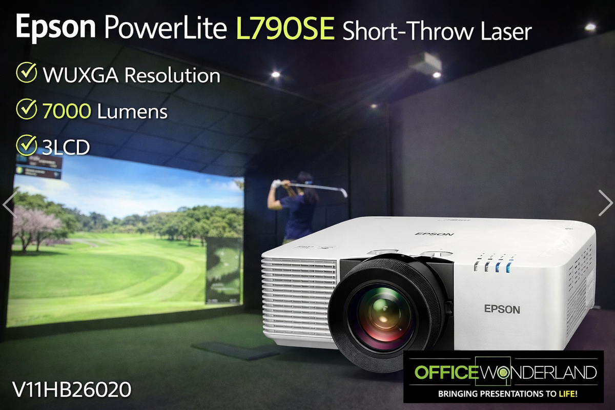 Epson PowerLite L790SE short-throw laser projector with a screen displaying a golf simulation game.