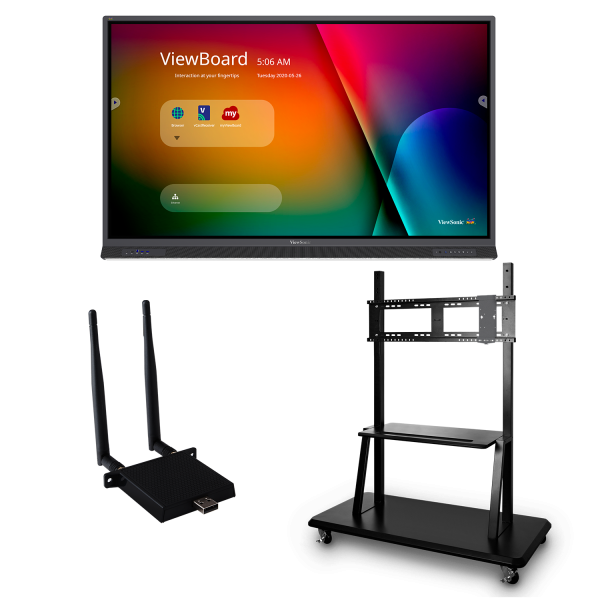 ViewSonic IFP7552-E2 ViewBoard Bundle with 75” ViewBoard IFP7552 4K Interactive Flat Panel, a LB-WIFI-001 wireless AC Adapter, and a VB-STND-001 Mobile Trolley Cart